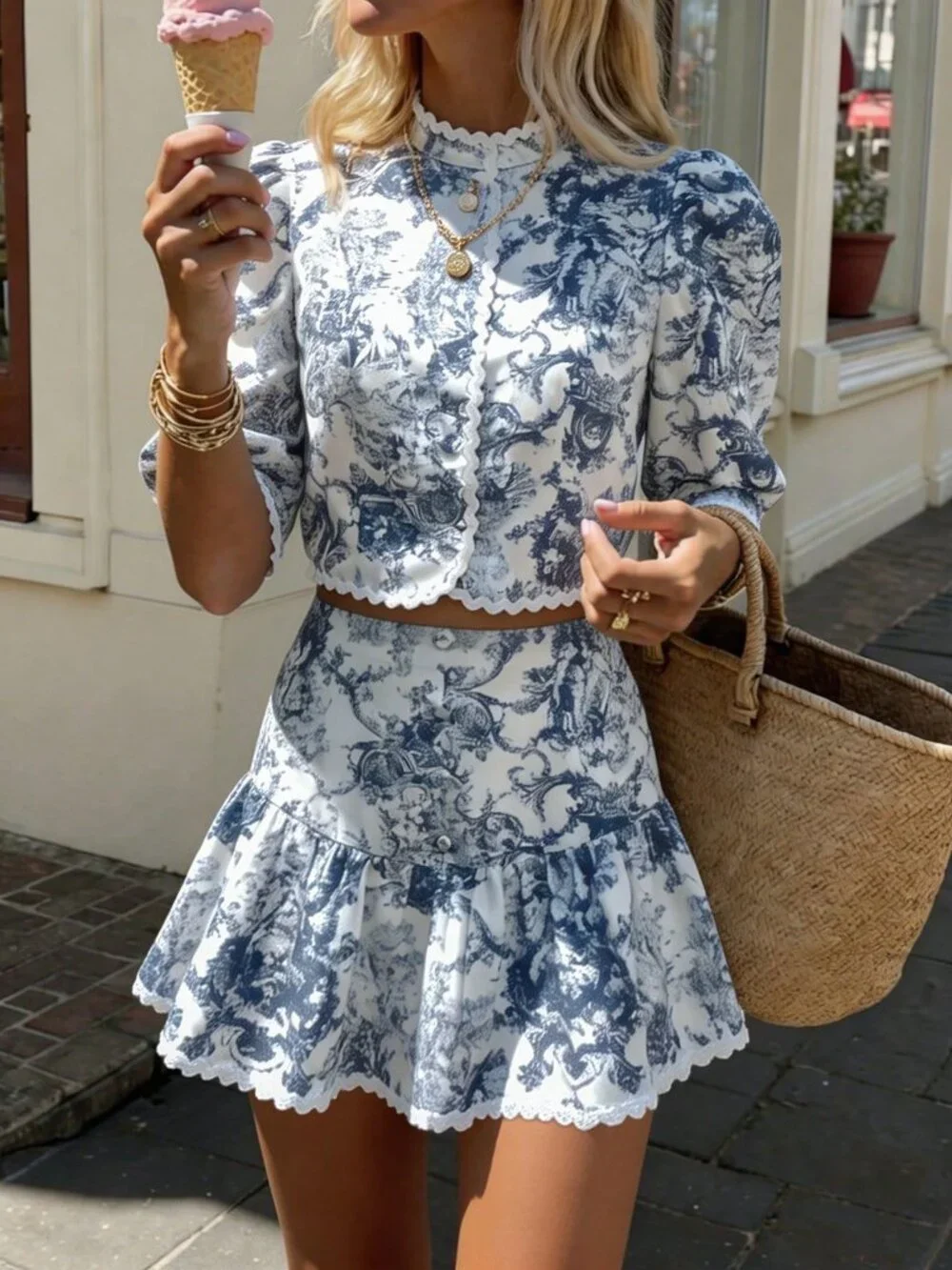 Blue Casual Women's Vacation All-Over Print Puff Sleeve Shirt & Mini Skirt Set